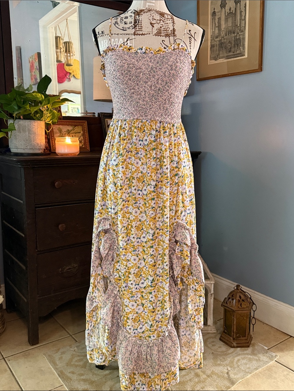 GiGiO Floral Smocked Ruffle Maxi Dress Cottagecore Boho Small - Picture 5 of 16